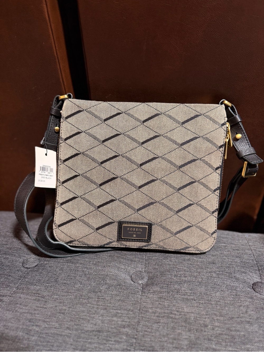 Fossil Preston Expandable Crossbody Bag Grey Black Diamond Jacquard Leather